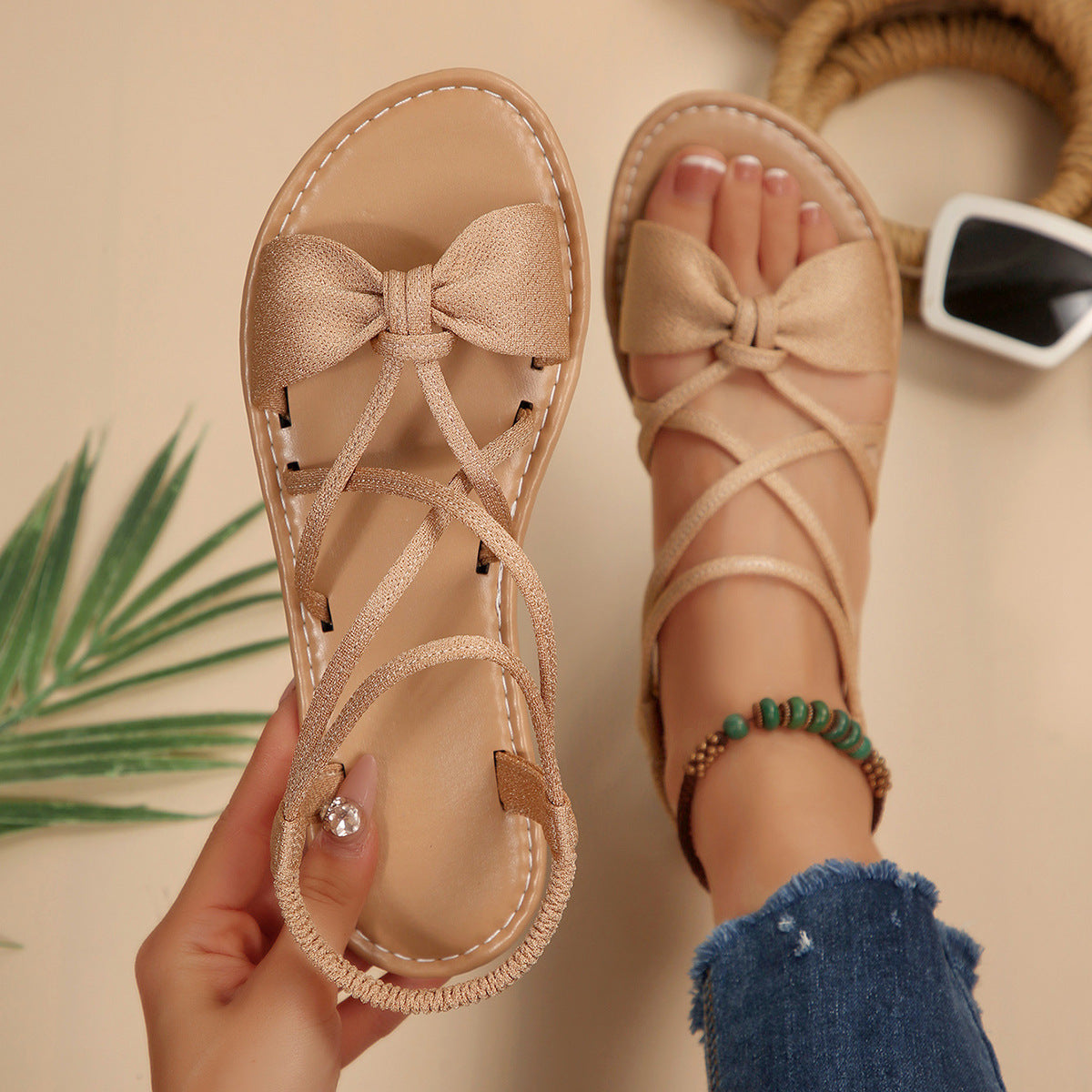 🎀 Knot-Front Stretch Ankle Sandals – Slide & Go with Arch Support ☀️