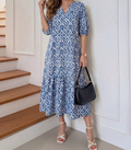 Light Blue V Neck Puff Sleeve Loose Fit Midi Dress