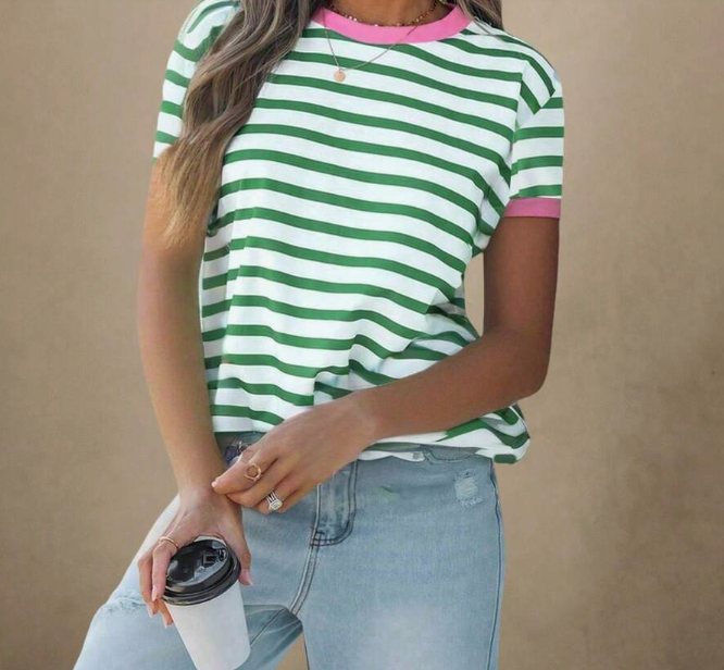 Casual Minimalist Colorful Striped Round Neck Short Sleeve Loose Women T-Shirt