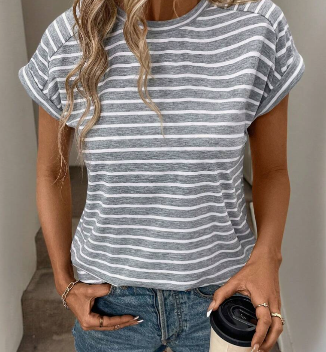 Women Summer Striped Print Round Neck Batwing Sleeve Casual T-Shirt