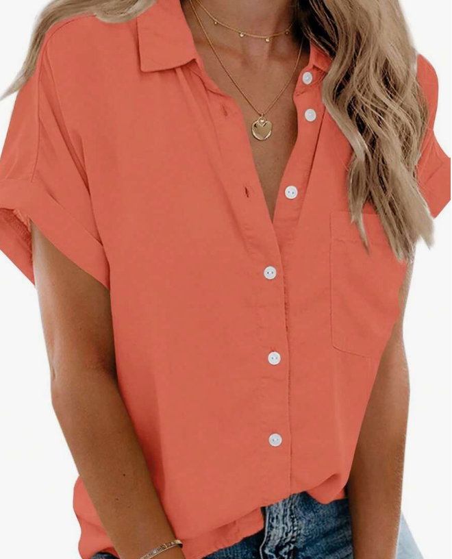 Women's Casual Collared Cap Sleeves Shirt